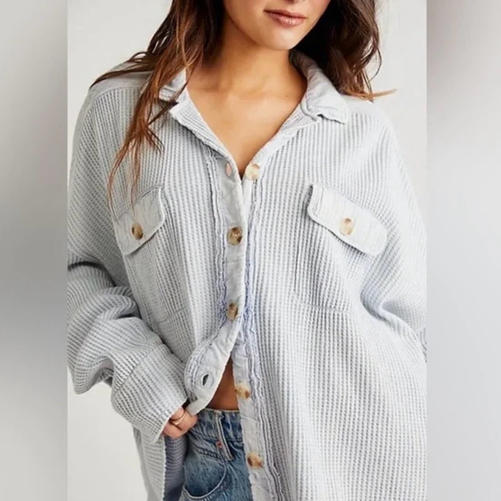 Free People FP One Scout Waffle Knit Jacket - Light Blue/Grey - Picture 3 of 7